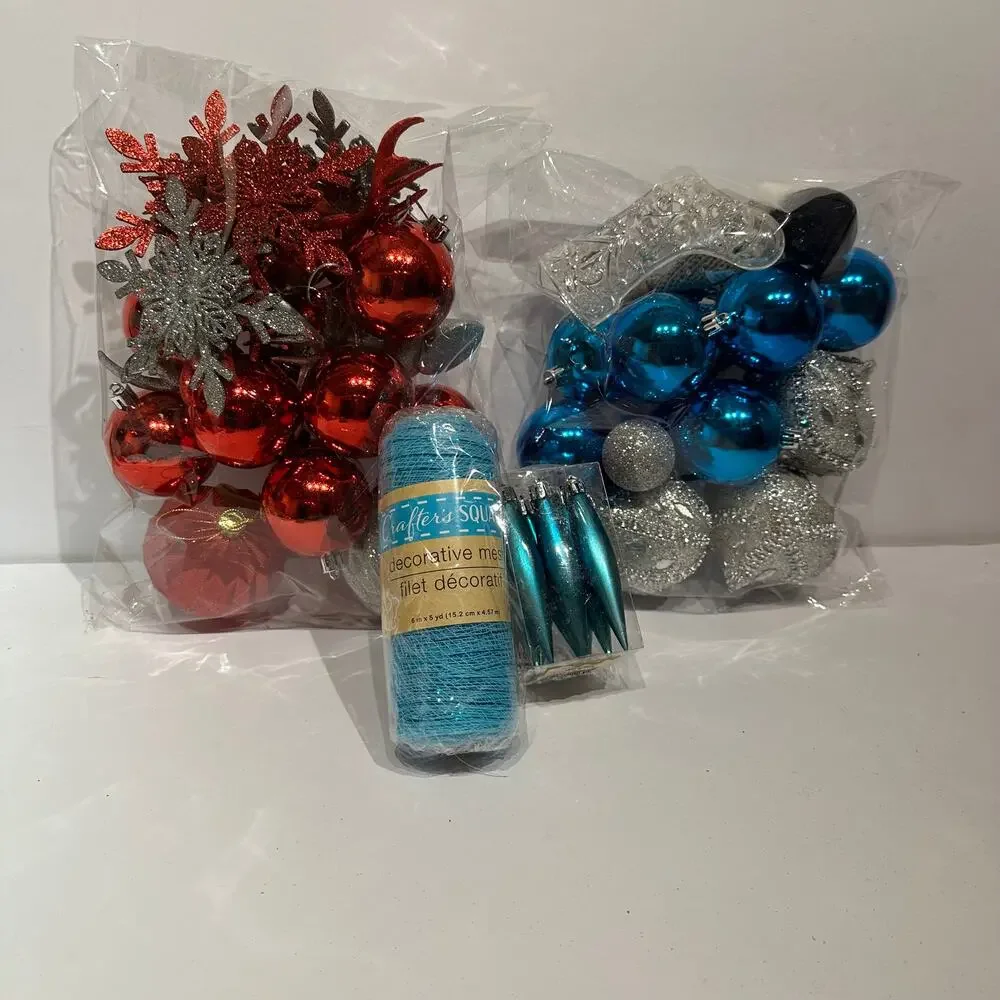 44 Piece Shatterproof Christmas Ornaments Red Blue Silver Mesh Ribbon